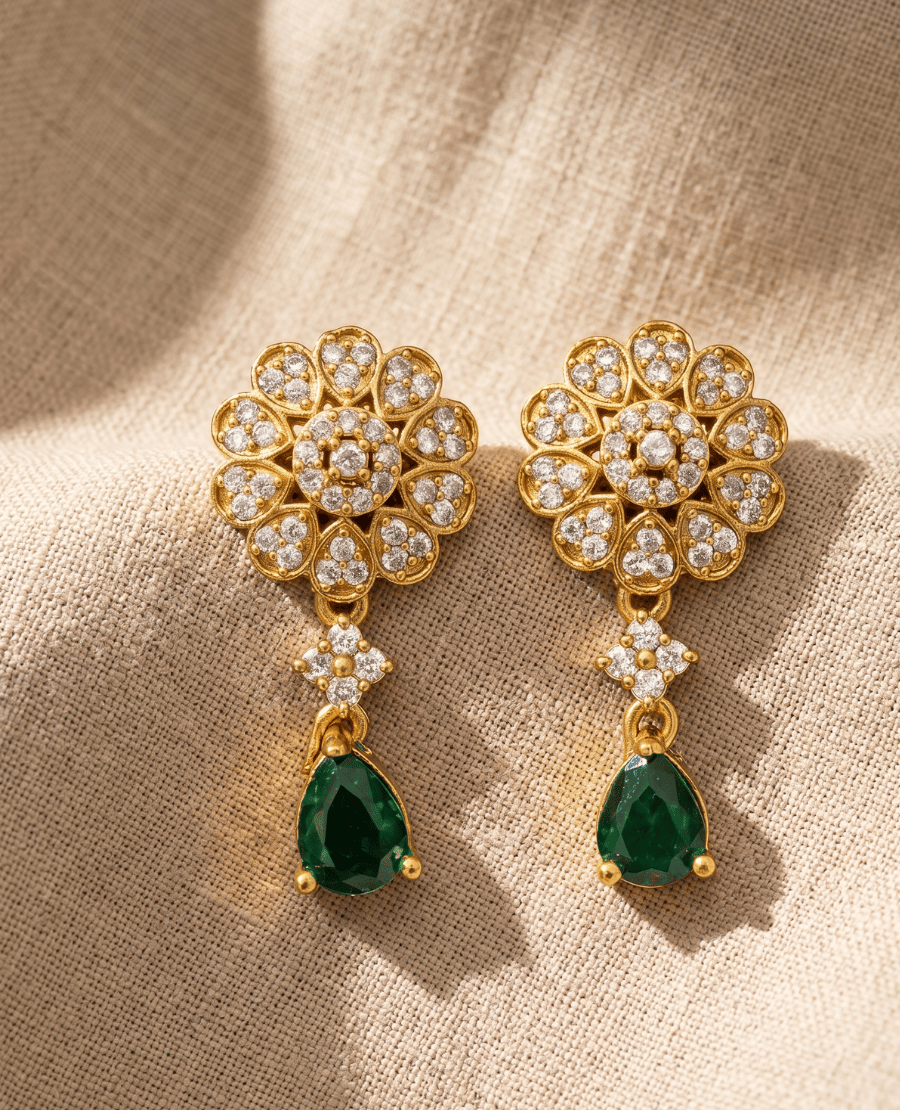 elegant-gold-plated-floral-cluster-earrings-with-a-cz-crystal-studded-top-and-a-pear-shaped-emerald-green-teardrop-dangle-by-landmark-jewels