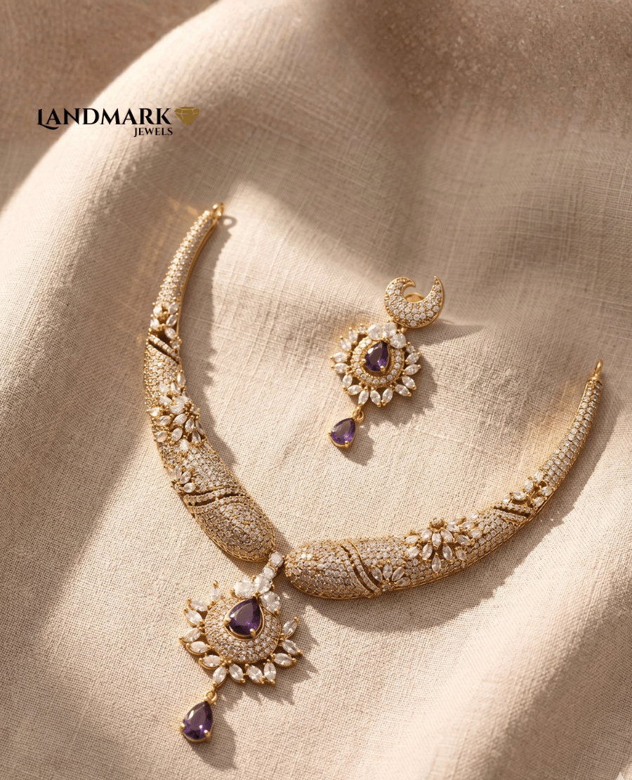 landmark-jewels-gold-plated-choker-necklace-and-earring-set-featuring-purple-amethyst-colored-teardrop-stones-and-white-cubic-zirconia-floral-patterns-on-a-beige-fabric-background