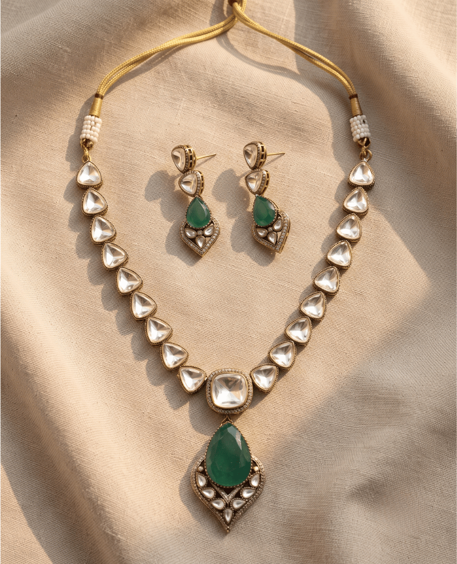 gold-necklace-string-of-triangular-polki-crystals-with-a-large-dangling-green-pear-shaped-drop-pendant-paired-with-matching-earrings