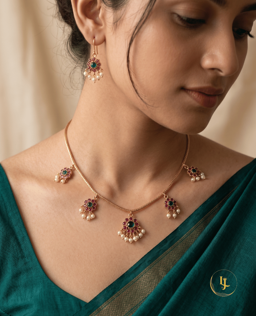 close-up-of-a-woman-wearing-a-landmark-jewels-floral-ruby-and-emerald-necklace-with-matching-earrings-on-a-teal-saree