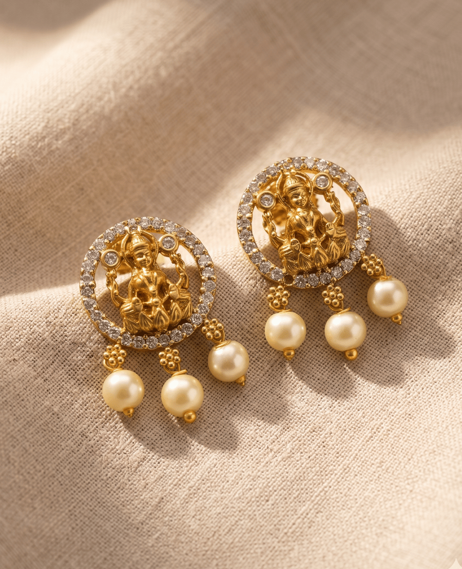 pair-of-landmark-jewels-gold-plated-temple-stud-earrings-featuring-a-central-goddess-lakshmi-motif-surrounded-by-a-circular-border-of-white-cz-stones-and-finished-with-three-hanging-pearls-on-a-textured-beige-fabric-background