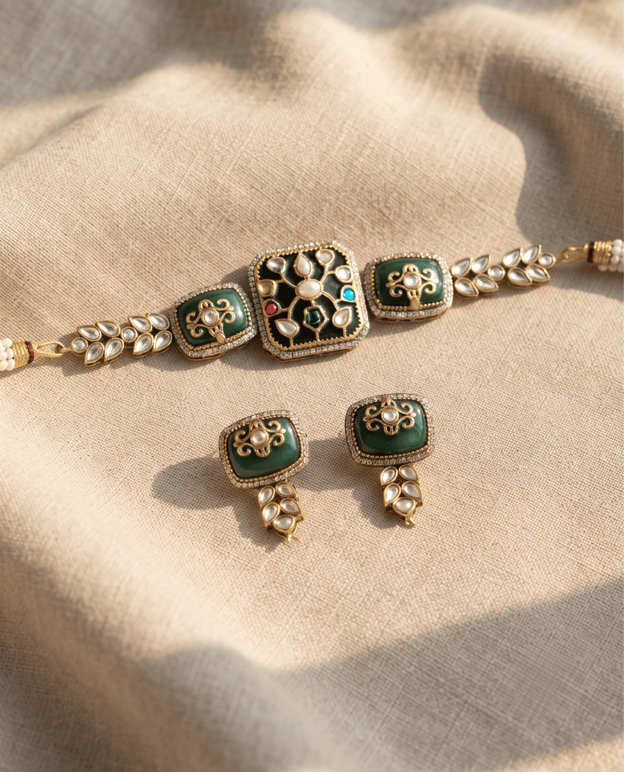 antique-gold-choker-necklace-with-dark-green-enamel-and-polki-stone-details-accompanied-by-matching-square-earrings-on-a-neutral-fabric
