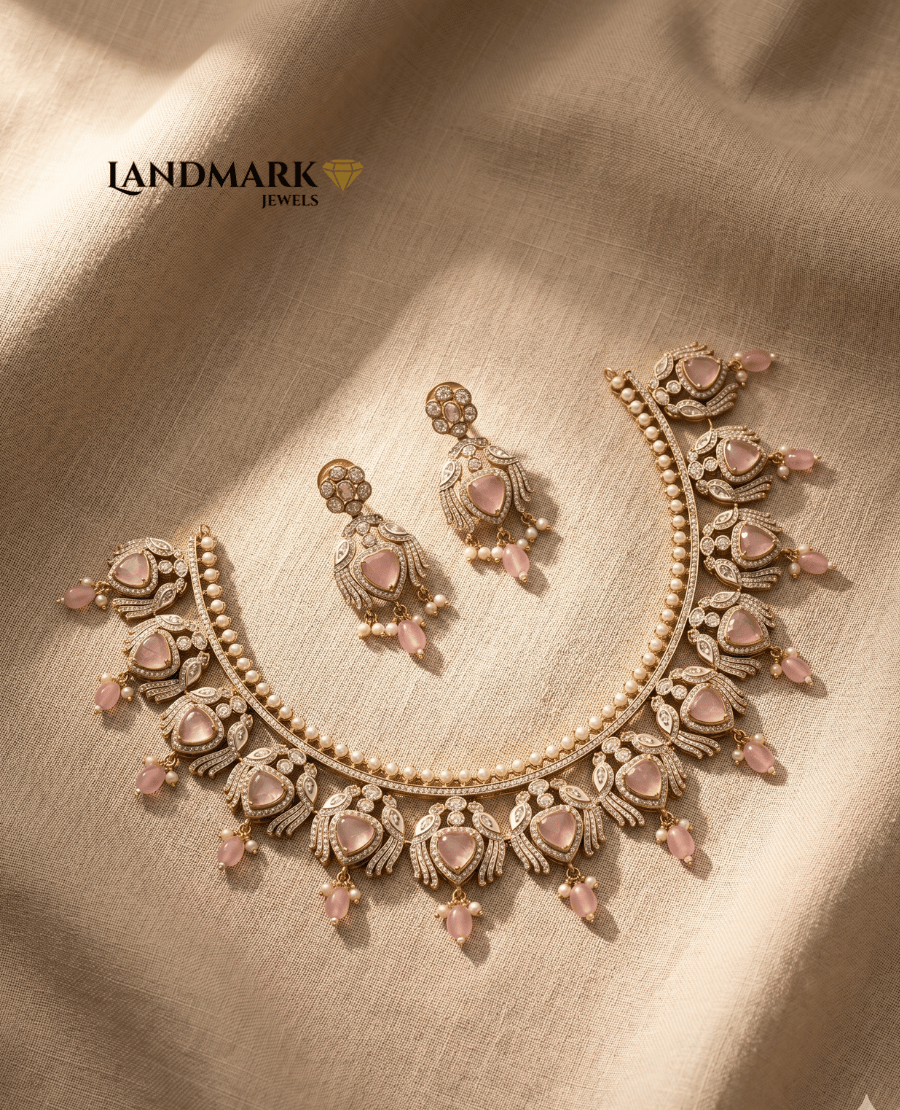 landmark-jewels-elegant-gold-finish-choker-necklace-and-matching-earrings-featuring-rose-quartz-teardrops-white-pearls-and-shimmering-cubic-zirconia-stones-on-a-beige-linen-background