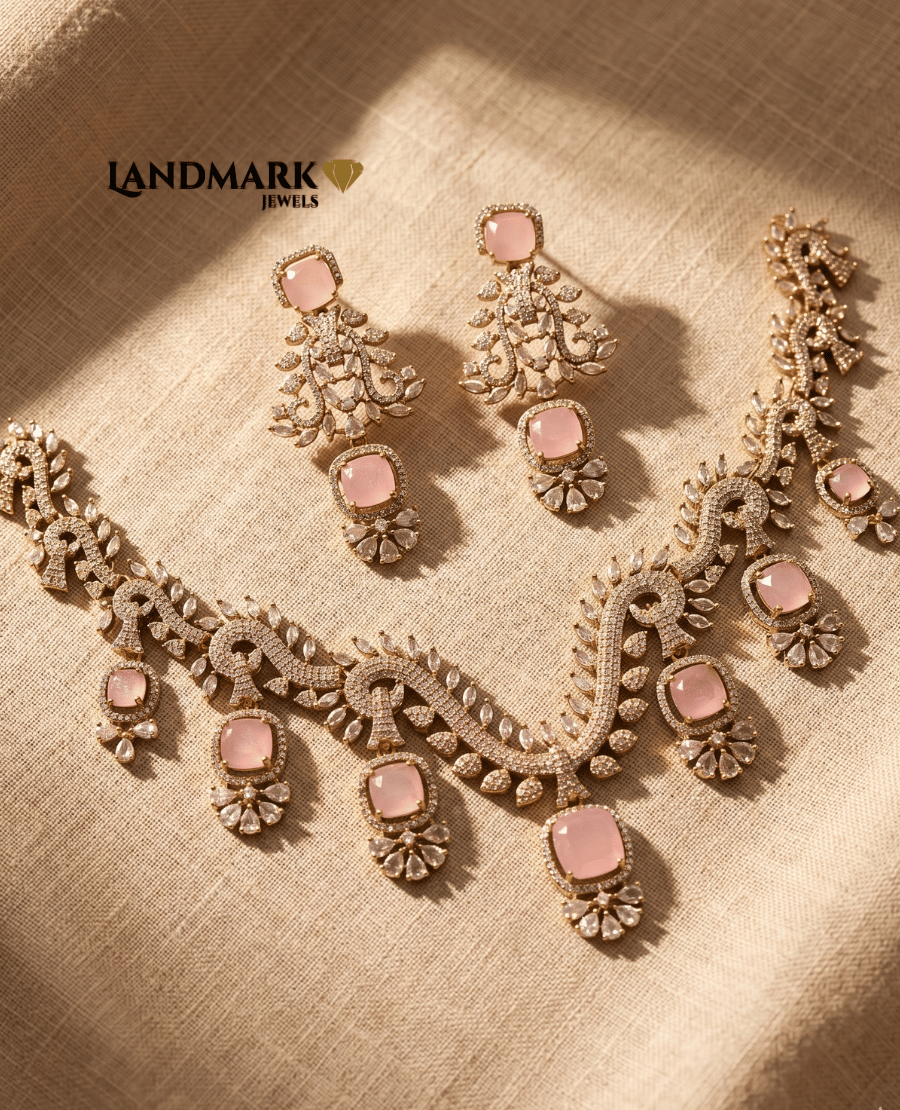 landmark-jewels-pink-rose-quartz-and-american-diamond-choker-necklace-with-matching-chandelier-earrings-on-a-beige-textured-background