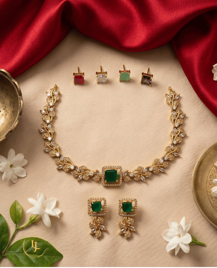 top-down-view-of-landmark-jewels-floral-ad-stone-choker-set-with-four-additional-interchangeable-colored-gemstones-on-a-beige-background