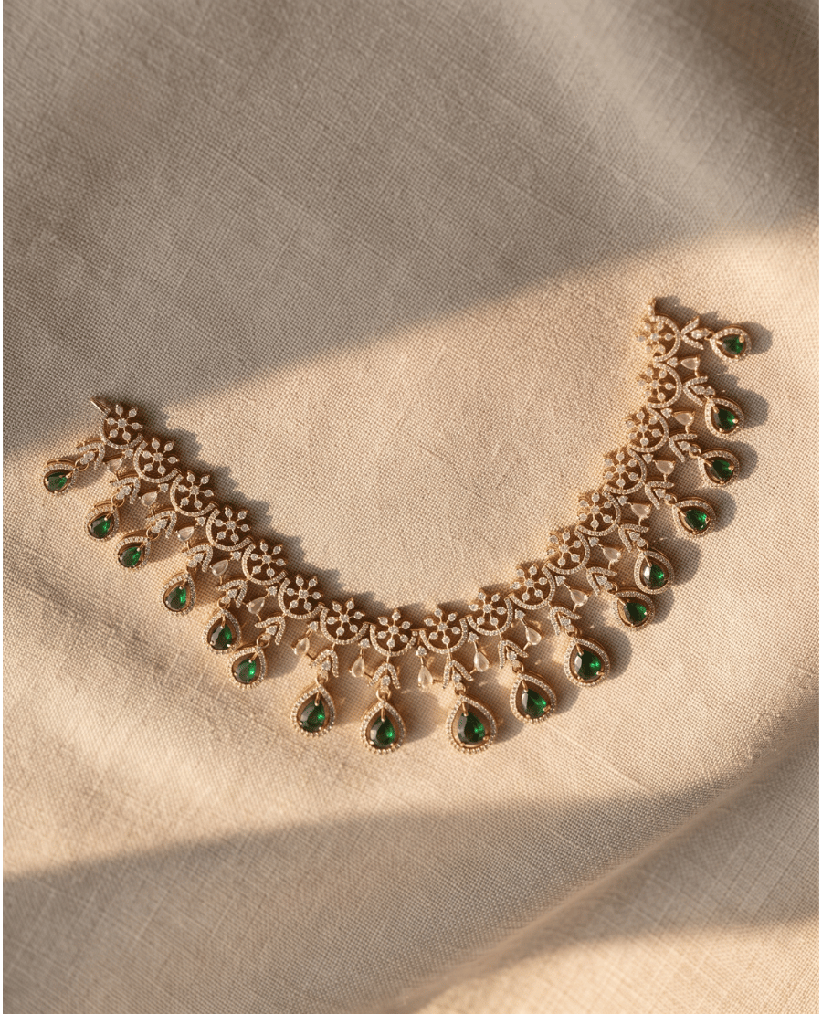 gold-necklace-featuring-floral-patterns-and-dangling-green-pear-shaped-emerald-drops-set-against-a-neutral-draped-cloth