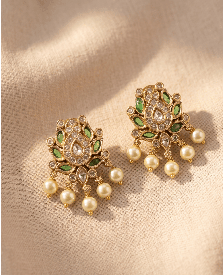 traditional-gold-plated-lotus-motif-earrings-accented-with-green-enamel-inlay-cubic-zirconia-and-multiple-hanging-white-pearls