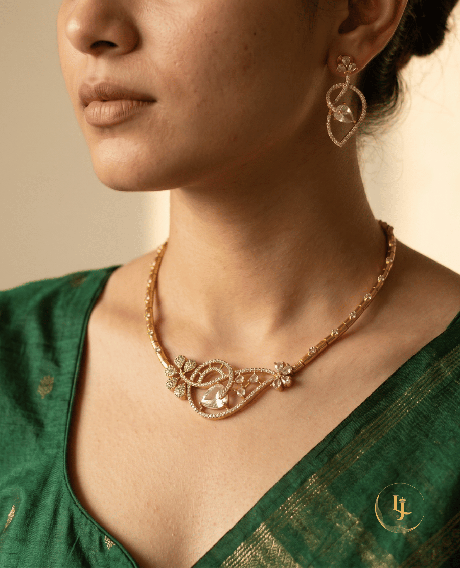 landmark-jewels-rose-gold-plated-floral-necklace-and-earring-set-worn-by-a-model-in-a-green-saree
