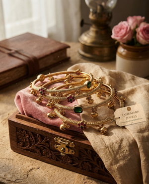 Antique gold-plated bangles with ruby and emerald floral kemp stones and small hanging golden bells on a peach fabric background.
