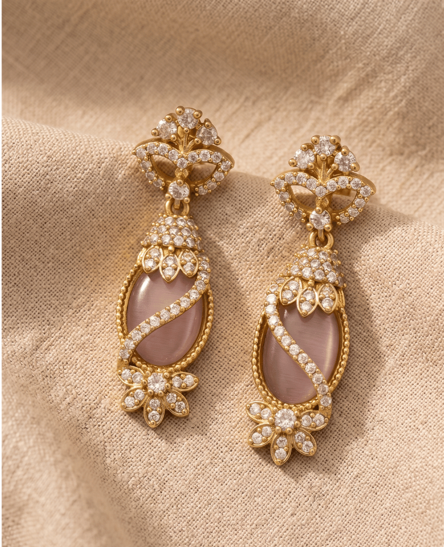 pair-of-vintage-style-gold-plated-drop-earrings-featuring-a-central-oval-mauve-cats-eye-stone-wrapped-in-a-sparkling-cubic-zirconia-ribbon-hanging-from-an-ornate-floral-stud