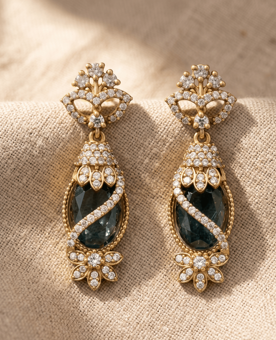 long-luxury-statement-drop-earrings-in-antique-gold-holding-a-large-oval-dark-teal-crystal-wrapped-across-with-a-swirling-line-of-tiny-white-rhinestones
