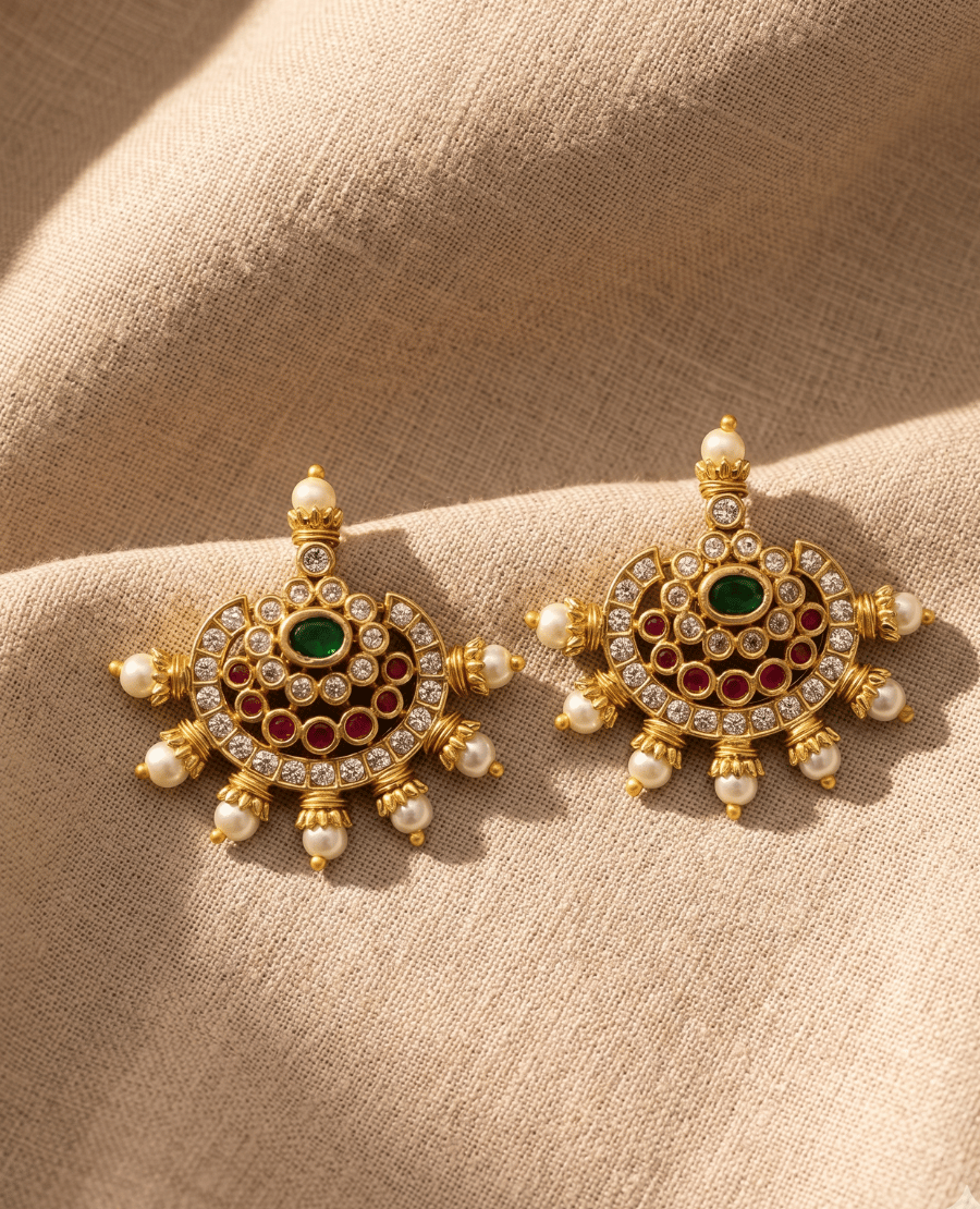 landmark-jewels-semi-circular-multi-stone-gold-plated-stud-earrings-with-red-green-and-clear-stones-finished-with-a-pearl-border