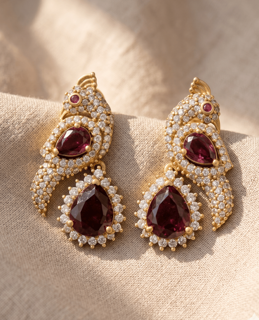 unique-peacock-motif-earrings-from-landmark-jewels-crafted-with-gold-plating-crystal-pave-detailing-and-deep-ruby-red-teardrop-stones