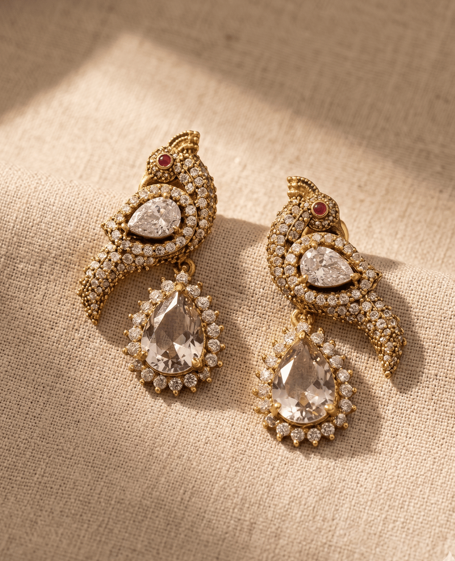 landmark-jewels-gold-earrings-shaped-like-birds-covered-in-clear-crystal-pave-with-a-large-hanging-crystal-teardrop-pendant