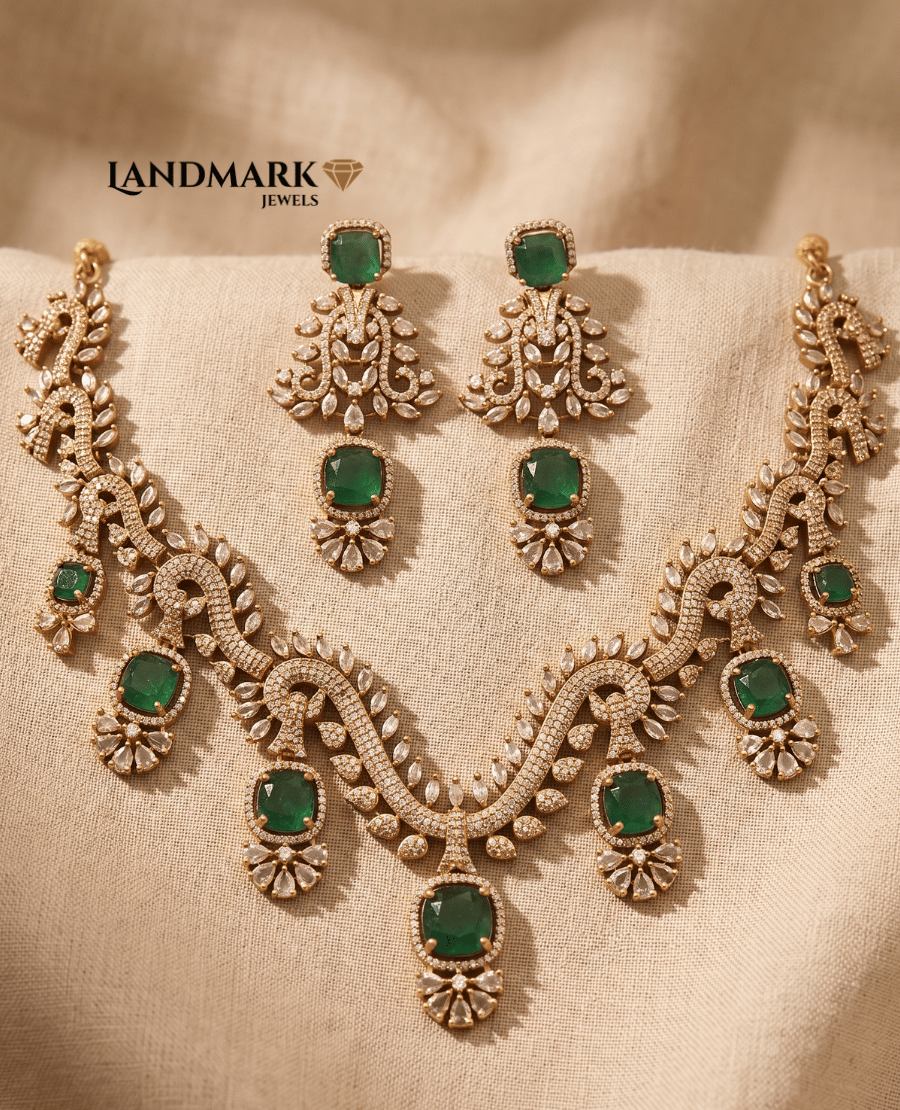 landmark-jewels-gold-plated-necklace-and-earring-set-featuring-emerald-green-cushion-cut-stones-and-white-cubic-zirconia-accents-on-a-textured-beige-background