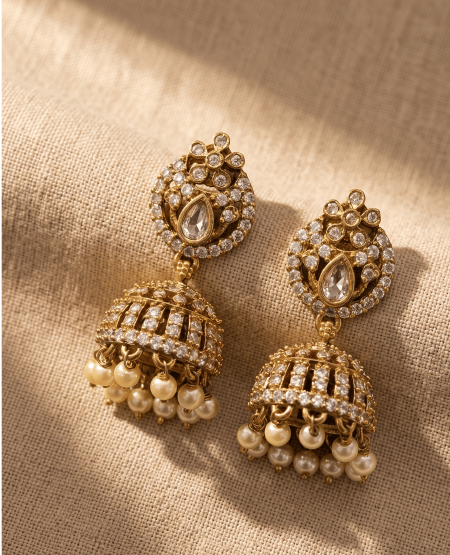 antique-gold-jhumka-earrings-showcasing-a-round-top-with-a-prominent-central-teardrop-stone-a-cage-like-crystal-dome-and-a-row-of-hanging-faux-pearls