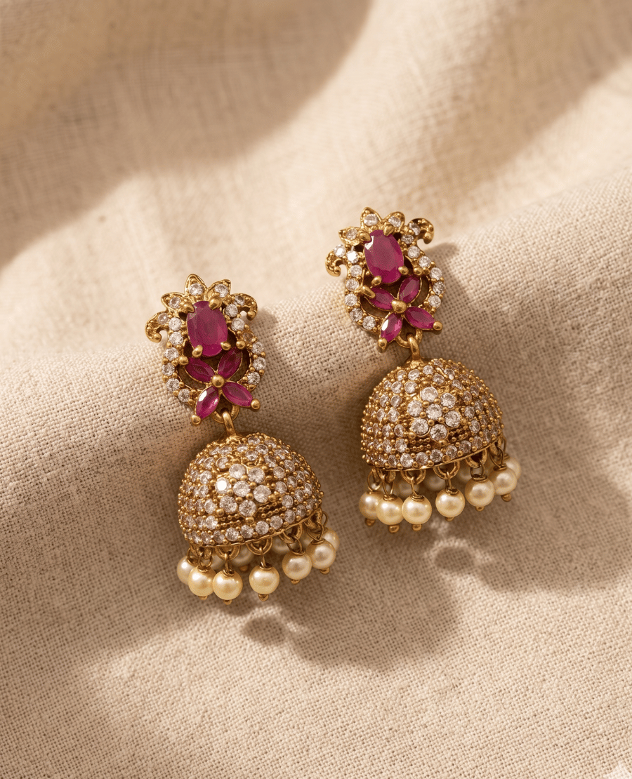 landmark-jewels-classic-gold-plated-jhumka-earrings-featuring-a-pink-ruby-stone-floral-top-and-a-crystal-studded-dome-with-hanging-pearl-drops