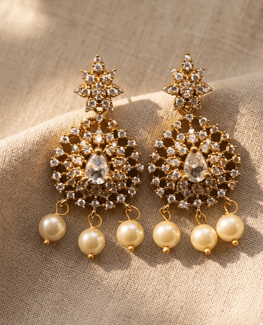 elaborate-gold-plated-chandelier-earrings-with-a-starburst-top-clear-cz-crystal-filigree-disc-and-cascading-white-pearl-beads
