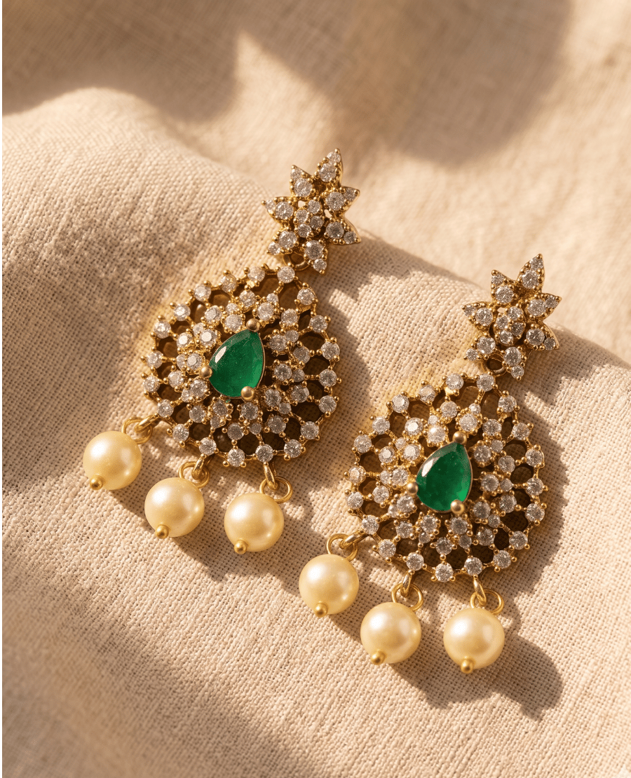 ornate-gold-drop-earrings-by-landmark-jewels-featuring-a-star-stud-a-crystal-filigree-disk-with-a-green-center-stone-and-three-hanging-pearls