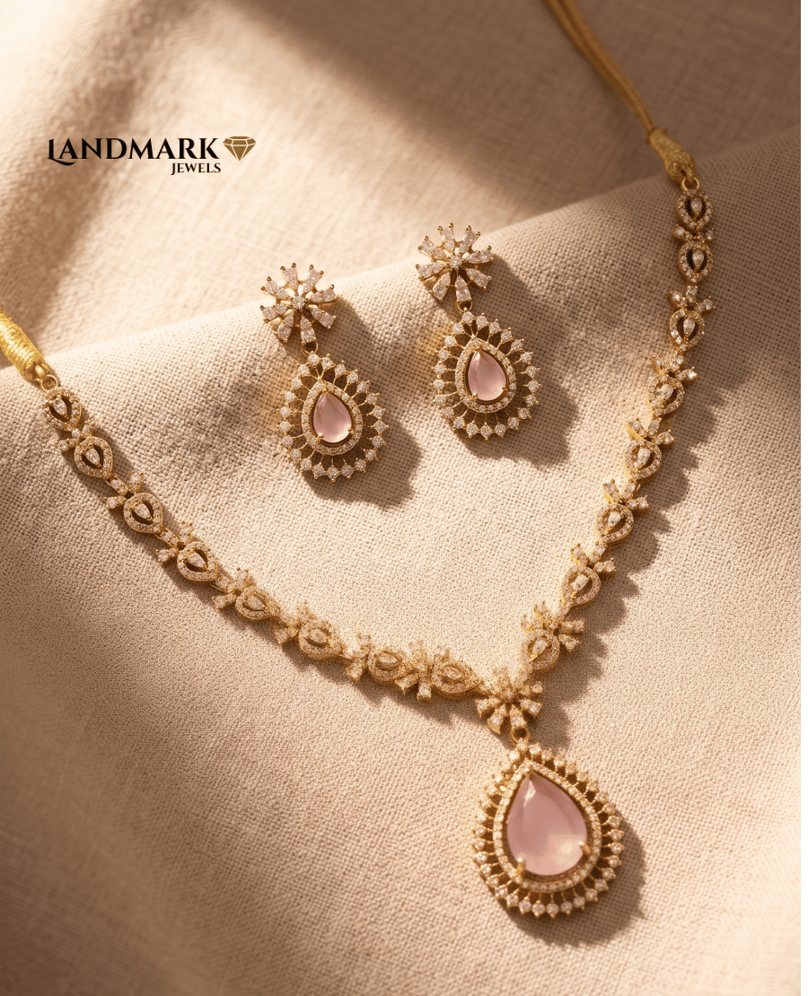 landmark-jewels-rose-pink-teardrop-pendant-necklace-and-matching-drop-earrings-featuring-crystal-encrusted-floral-details-on-a-gold-toned-finish