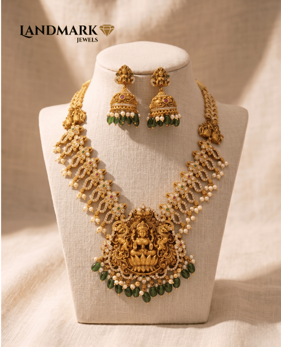 goddess-lakshmi-antique-gold-plated-temple-necklace-set-with-emerald-beads