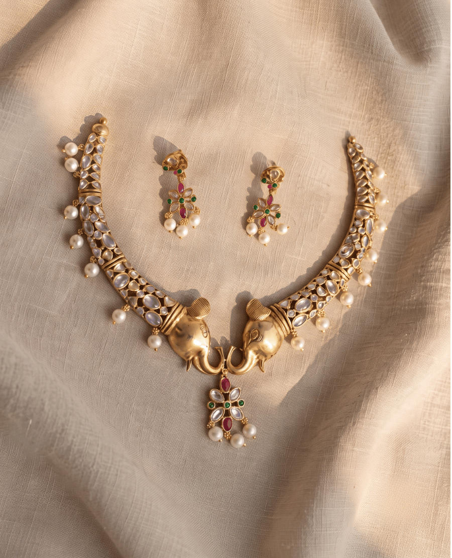 unique-antique-gold-choker-with-sculpted-elephant-head-designs-encrusted-with-polki-stones-and-hanging-pearls-alongside-matching-traditional-earrings
