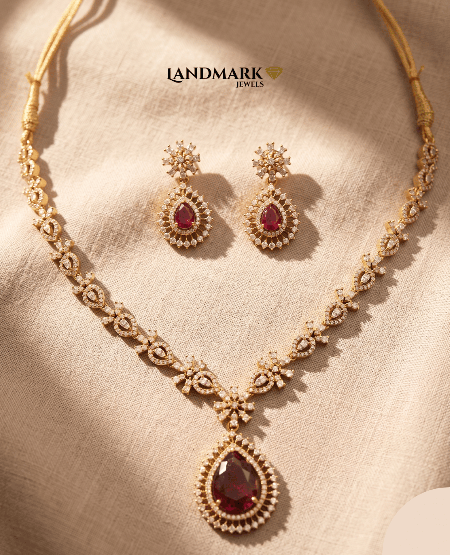 landmark-jewels-ruby-red-teardrop-pendant-necklace-and-matching-drop-earrings-with-american-diamond-embellishments-on-a-gold-plated-floral-chain