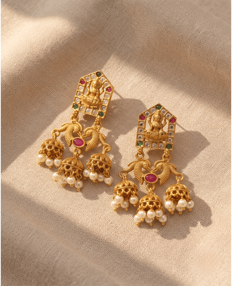 traditional-antique-gold-temple-jhumka-earrings-featuring-goddess-lakshmi-ruby-stones-and-hanging-pearls-on-a-neutral-fabric-background