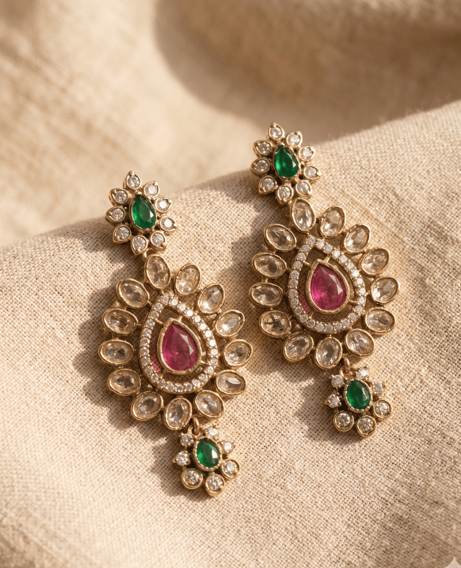 elegant-gold-finished-teardrop-dangler-earrings-by-landmark-jewels-featuring-a-central-pink-teardrop-stone-surrounded-by-flat-cut-crystals-accented-with-small-green-stones-at-the-top-and-bottom-floral-elements