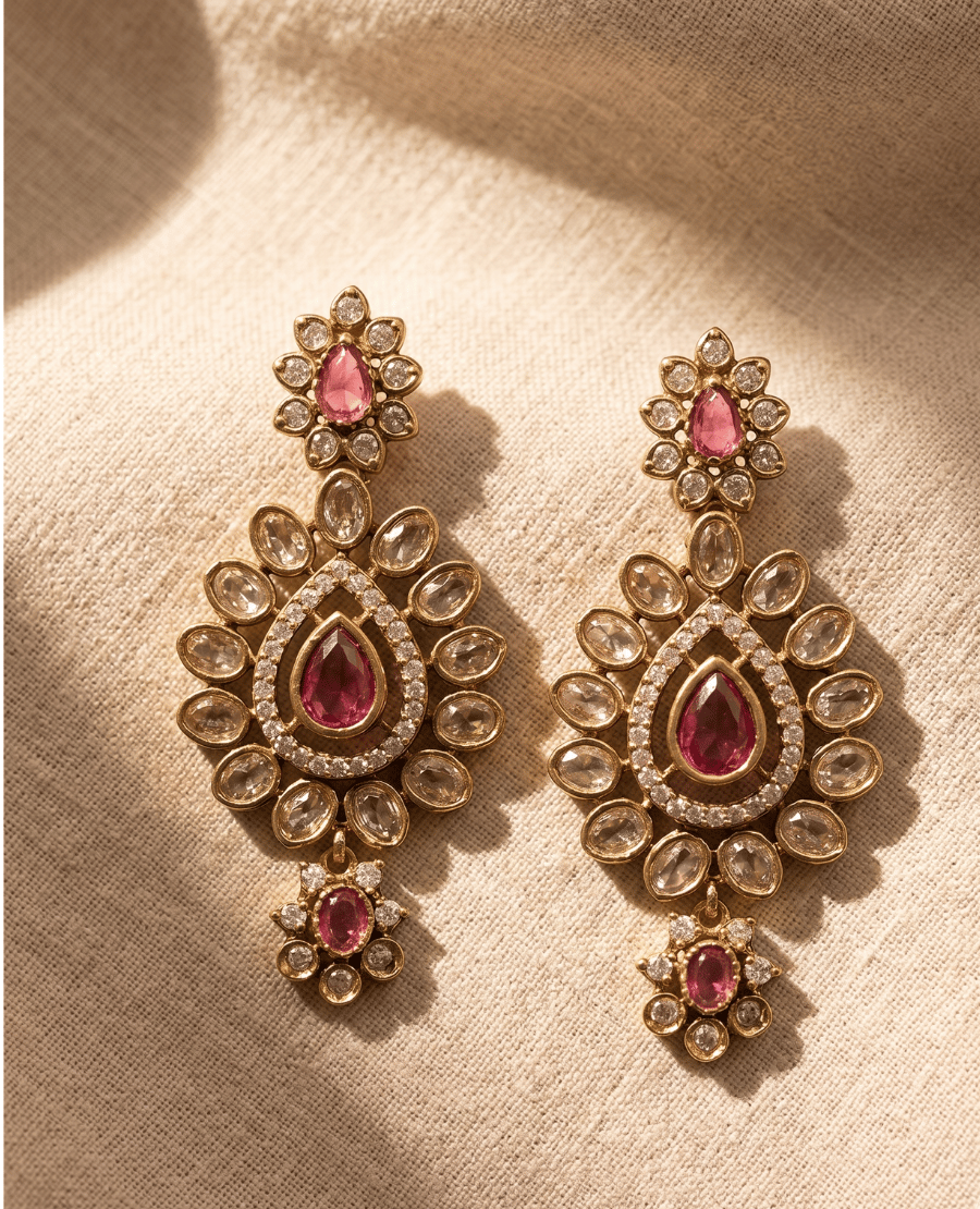 large-gold-statement-chandelier-earrings-featuring-tear-shaped-pink-ruby-centers-surrounded-by-concentric-rows-of-clear-marquise-and-round-stones