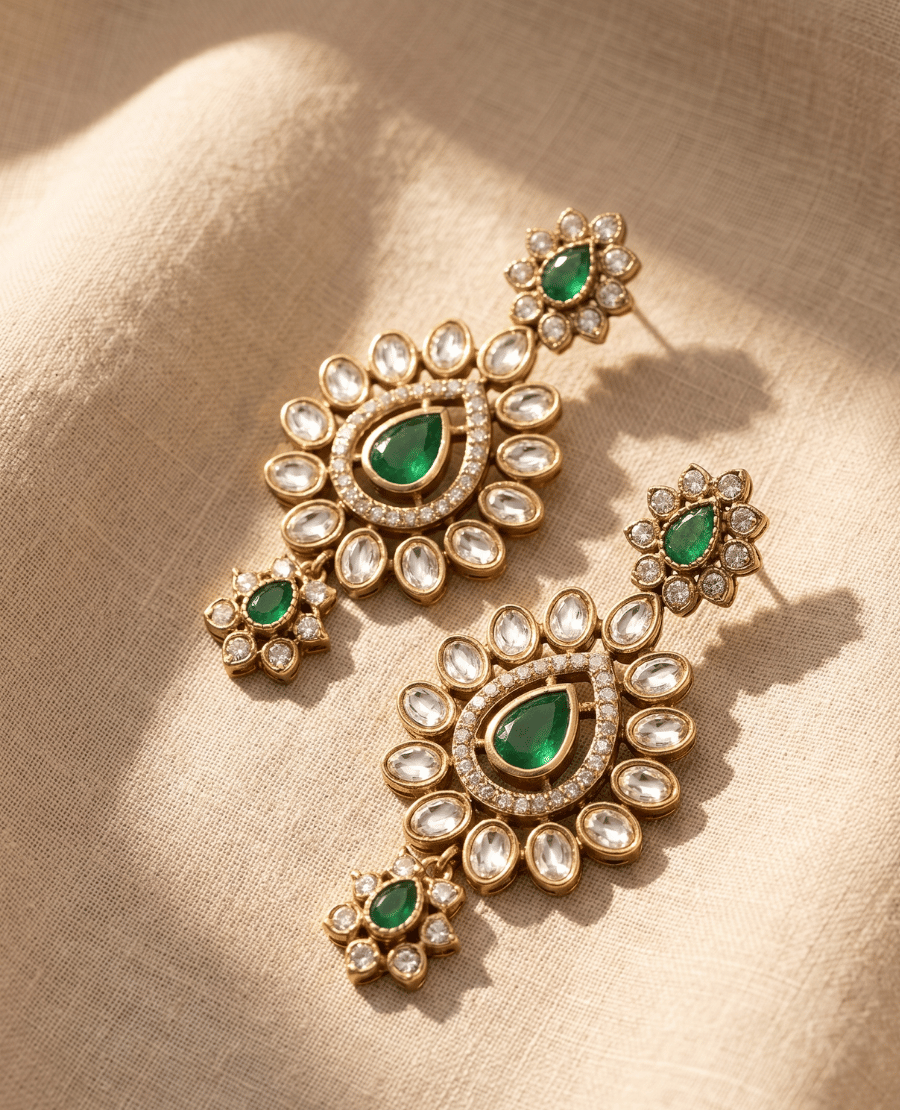exquisite-gold-chandelier-earrings-featuring-vibrant-emerald-green-teardrop-stones-encircled-by-clear-faceted-marquise-stones-in-a-tiered-design