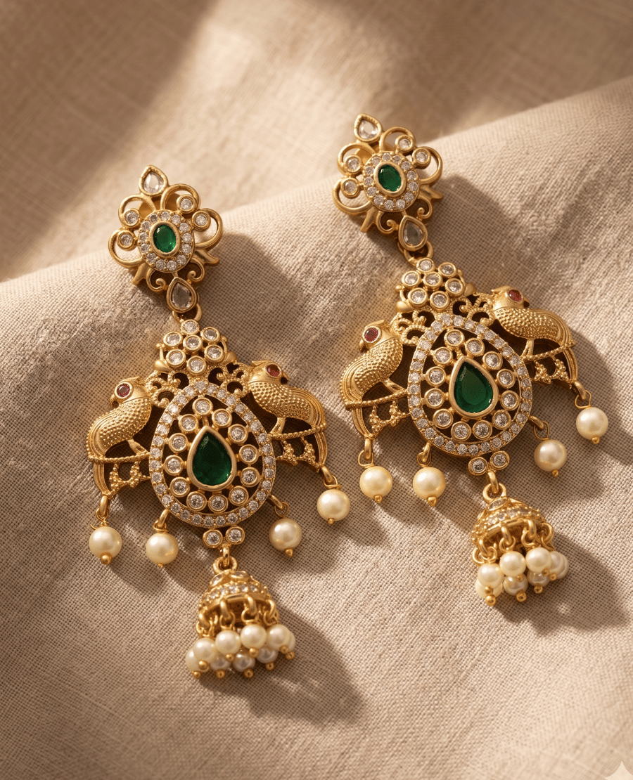 intricate-antique-gold-chandelier-earrings-featuring-dual-peacock-motifs-flanking-a-teardrop-emerald-green-stone-adorned-with-hanging-pearls-and-a-small-central-jhumka-bell