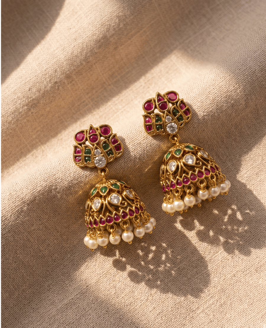 vibrant-temple-style-gold-jhumka-earrings-featuring-a-lotus-shaped-top-with-red-and-green-kemp-stones-a-decorated-dome-and-small-hanging-white-pearls-casting-a-shadow-on-fabric