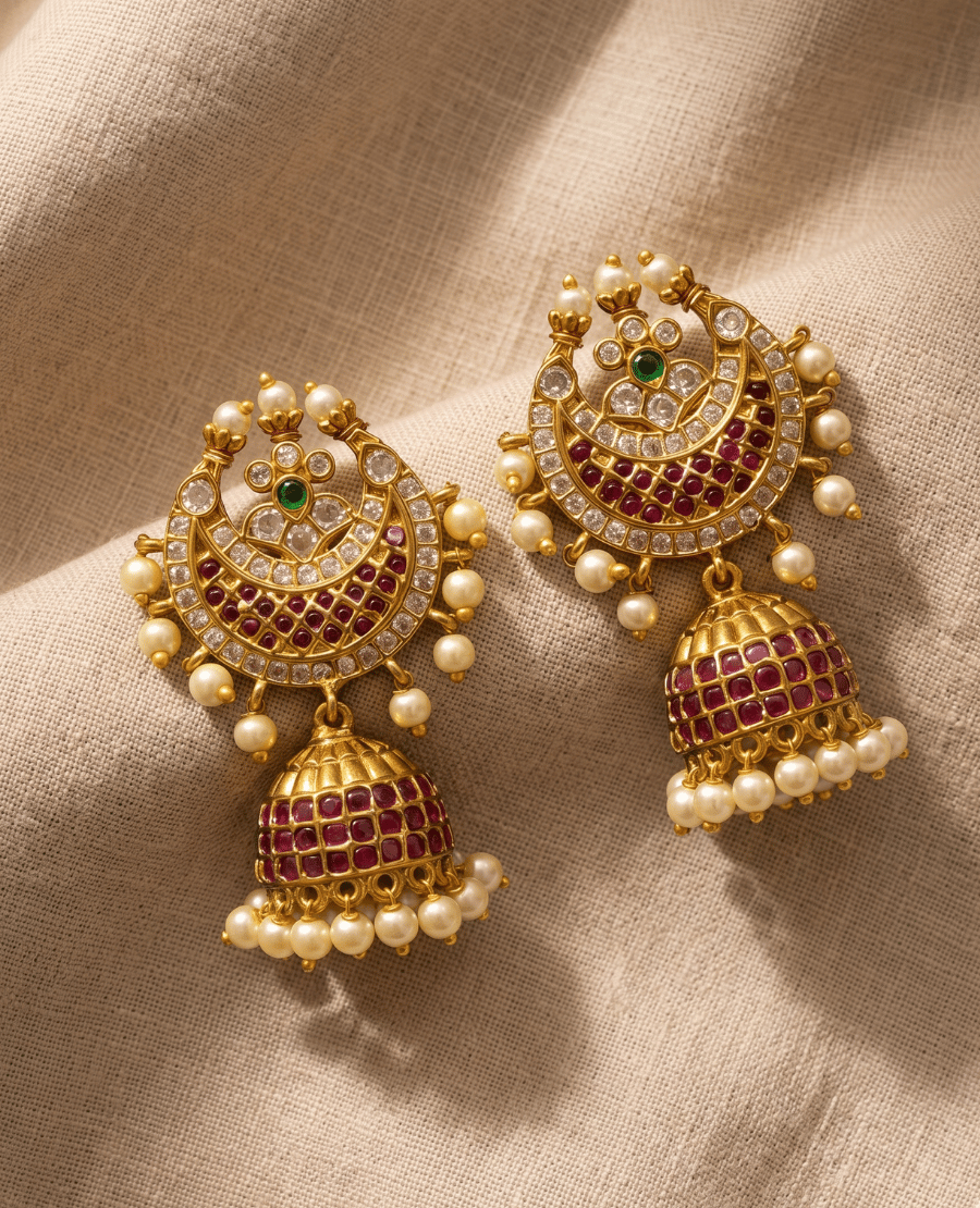 royal-gold-chandbali-jhumka-earrings-encrusted-with-rows-of-square-cut-ruby-red-stones-and-finished-with-a-striking-perimeter-of-small-white-pearls