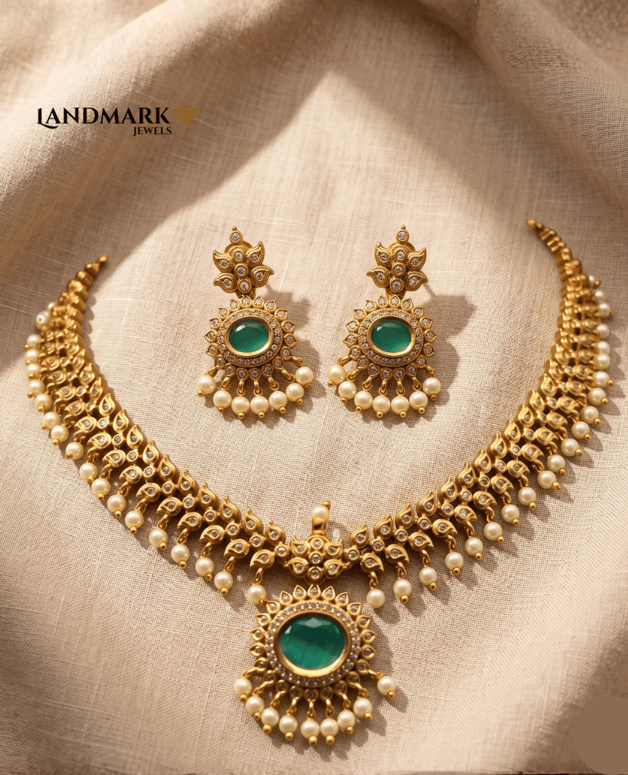 landmark-jewels-antique-gold-plated-choker-necklace-and-earring-set-featuring-round-emerald-green-stones-white-pearl-droplets-and-intricate-traditional-carvings