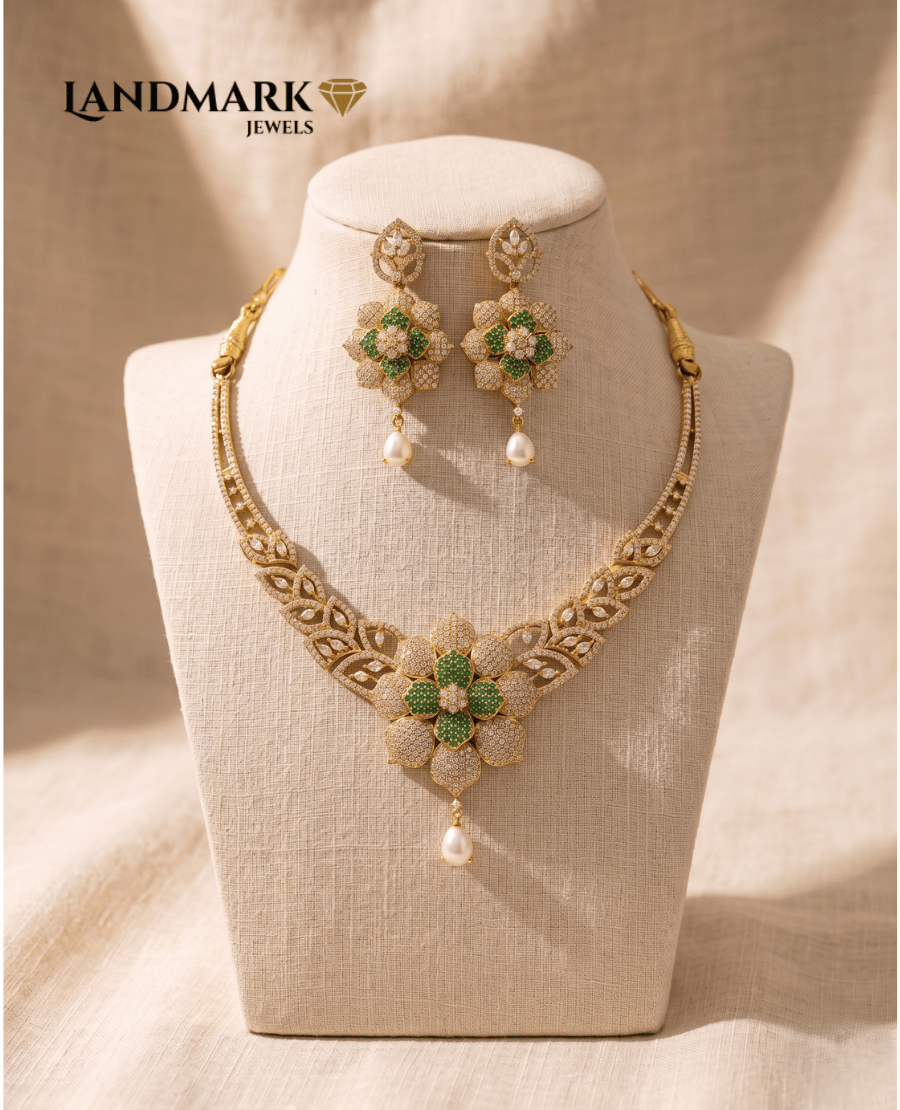 emerald-green-diamond-floral-necklace-set-with-pearl-drops