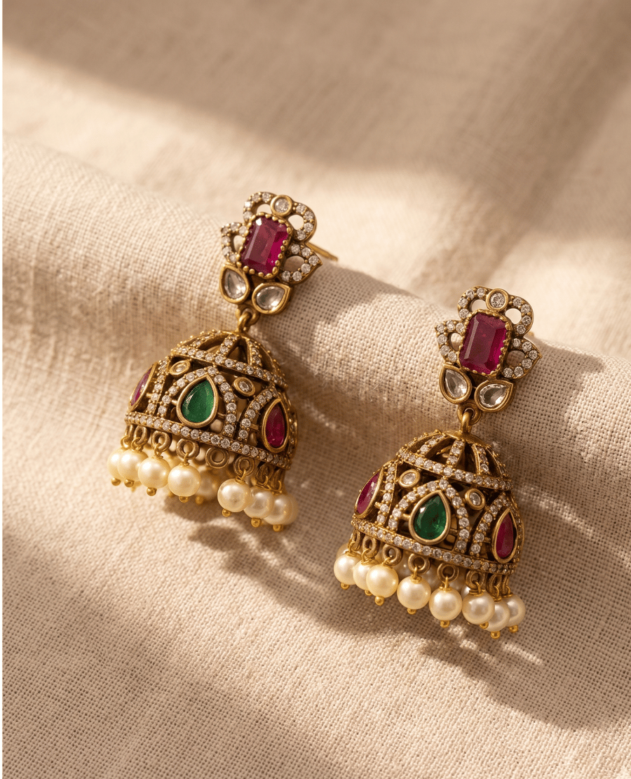 pair-of-traditional-antique-gold-plated-jhumka-earrings-featuring-ruby-emerald-stones-and-hanging-pearls-by-landmark-jewels