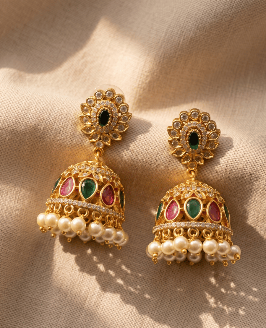 traditional-heavy-gold-bell-shaped-jhumka-earrings-by-landmark-jewels-with-alternating-green-and-red-teardrop-stones-and-a-thick-cluster-of-hanging-pearls