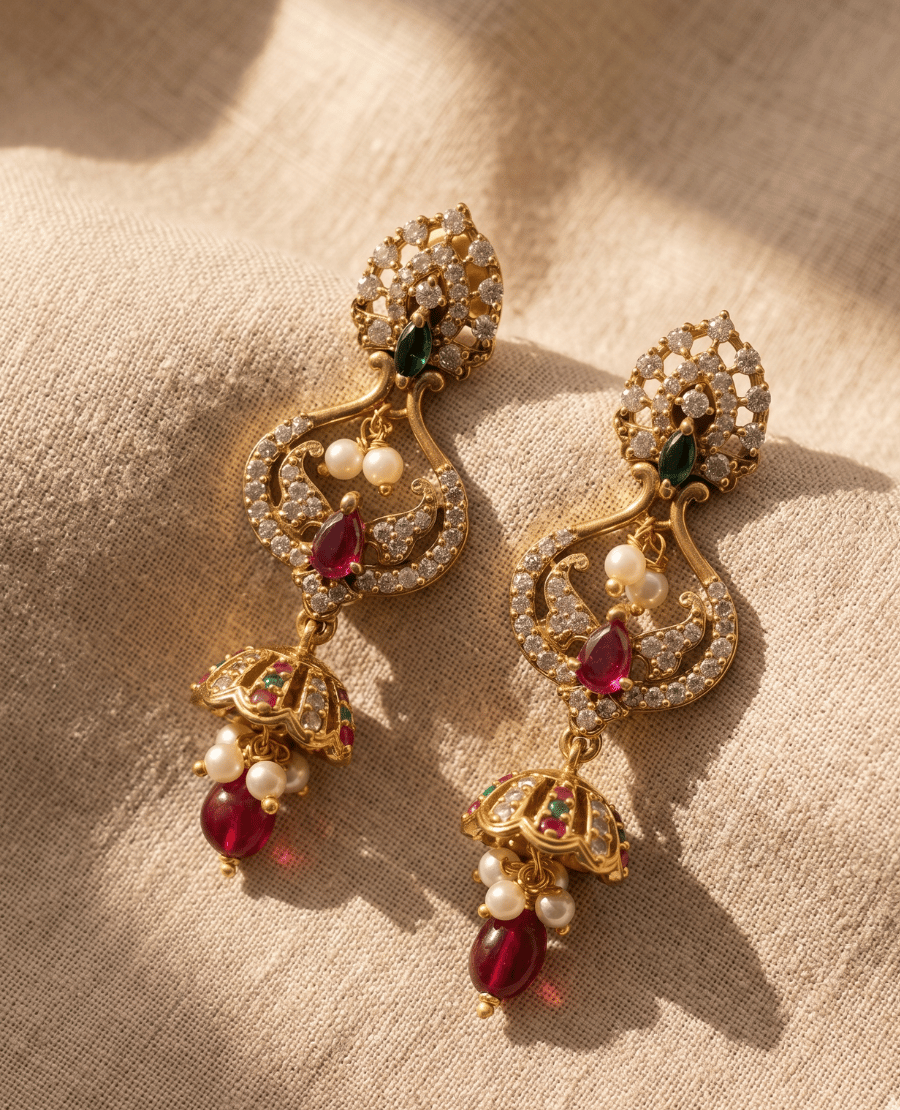 gold-plated-traditional-jhumka-earrings-with-ruby-emerald-and-pearl-accents-by-landmark-jewels