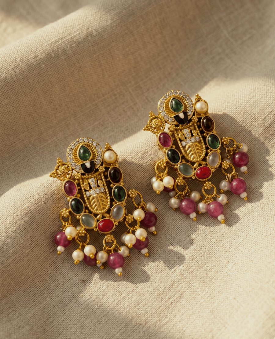 antique-gold-finished-temple-earrings-featuring-colorful-cabochon-stones-and-dangling-pearls