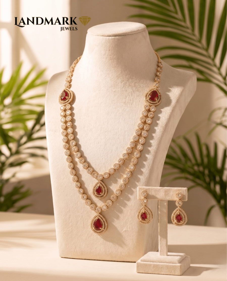 gold-plated-dual-strand-ruby-pear-drop-necklace-set