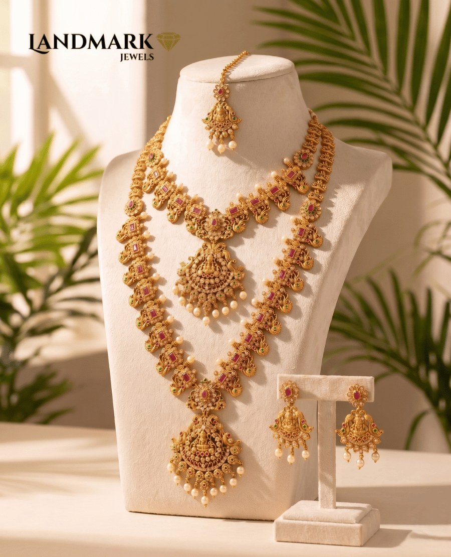 matte-gold-lakshmi-temple-haram-necklace-set-with-kemp-stones