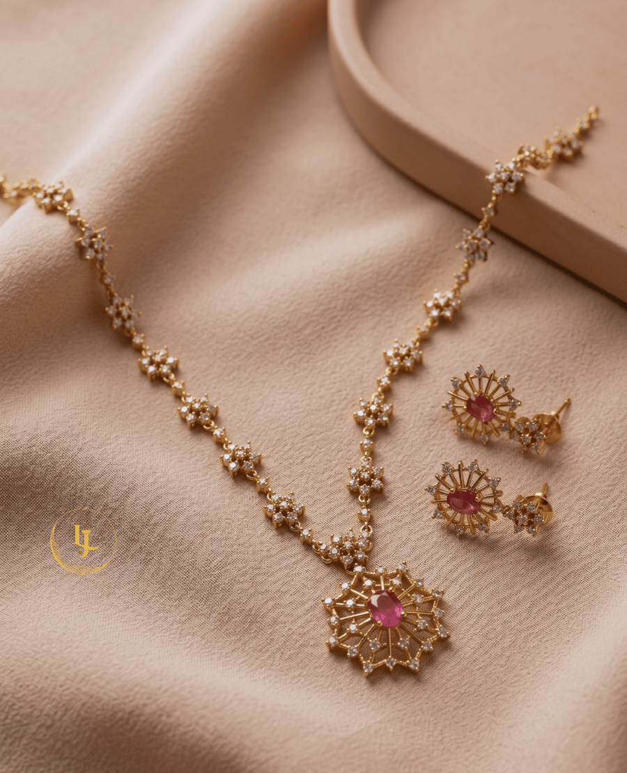flatlay-view-of-aurora-ruby-pink-imitation-jewelry-set-on-a-beige-fabric-background-by-landmark-jewels