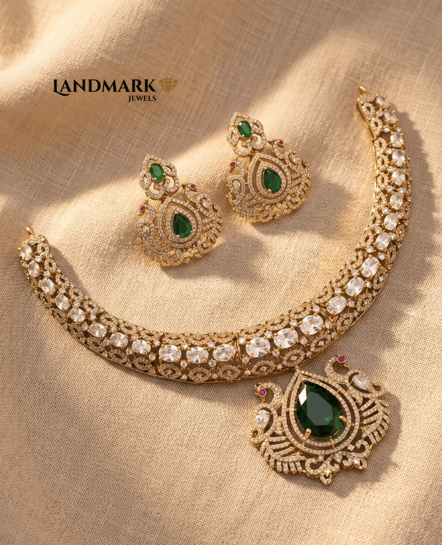 landmark-jewels-gold-plated-choker-necklace-and-earring-set-featuring-emerald-green-pear-cut-stones-white-polki-style-gems-and-intricate-peacock-engravings-on-a-beige-fabric-background