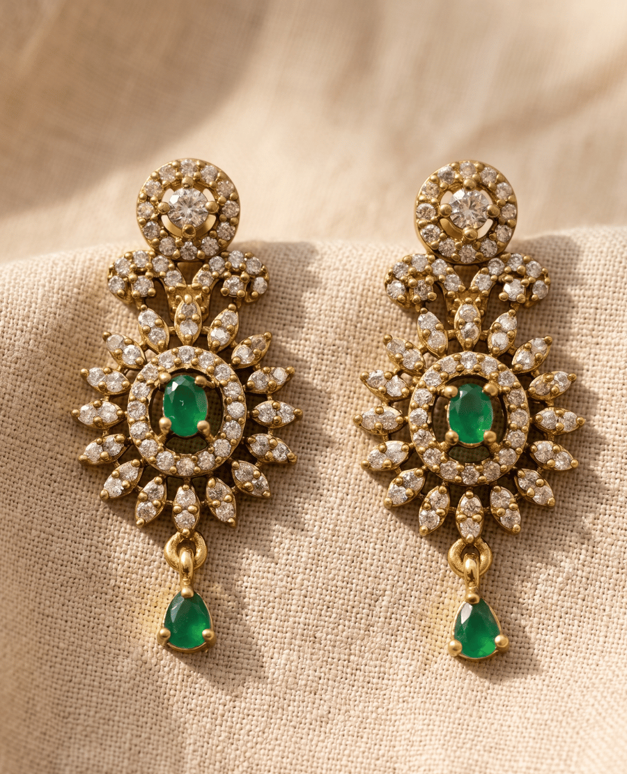 a-pair-of-gold-toned-traditional-indian-style-drop-earrings-from-landmark-jewels-featuring-simulated-diamonds-in-a-floral-starburst-design-around-an-oval-faux-emerald-center-with-a-dangling-pear-shaped-green-gemstone-at-the-bottom-resting-on-a-beige-textured-fabric