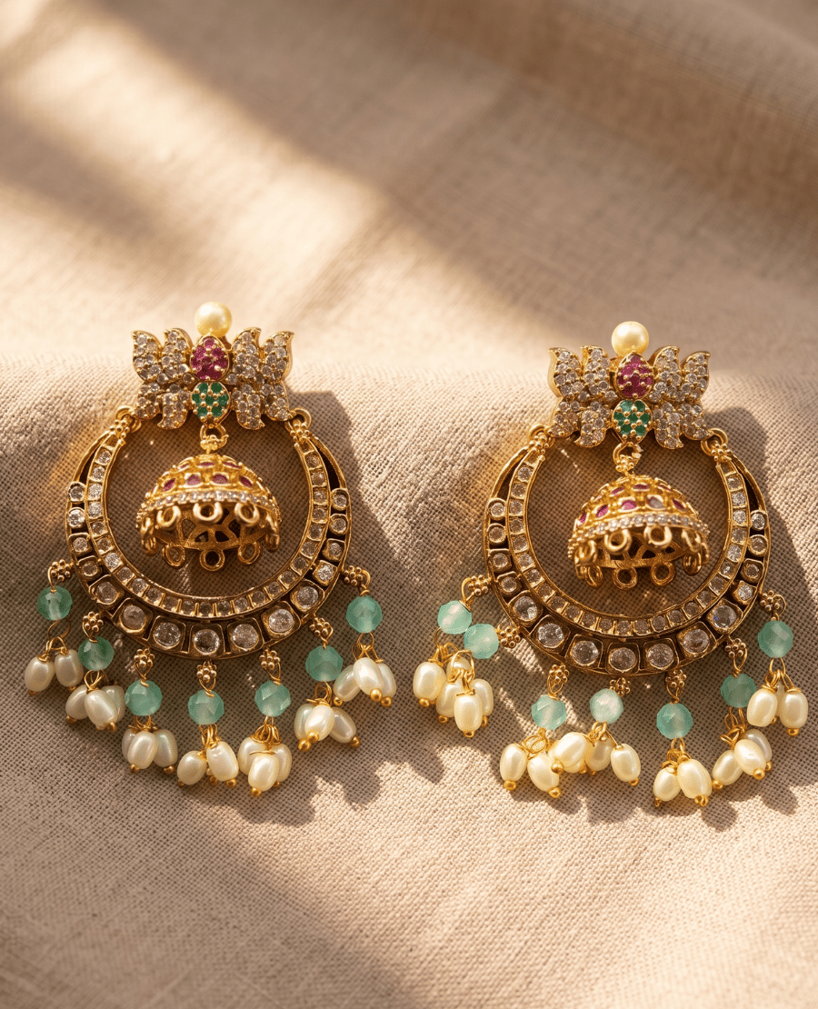 ornate-gold-toned-crescent-style-jhumka-earrings-by-landmark-jewels-featuring-a-top-lotus-motif-a-hanging-inner-jhumka-bell-and-a-fringe-of-light-green-beads-and-white-pearls