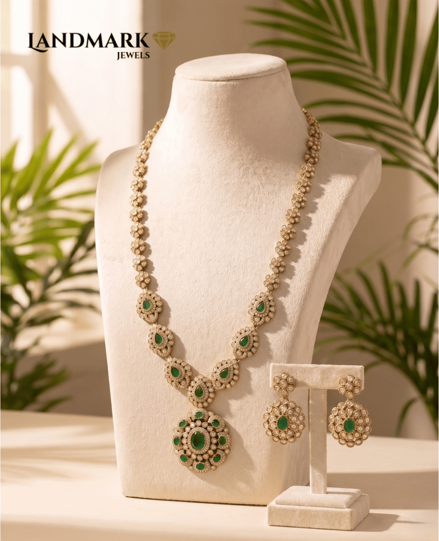 antique-gold-plated-emerald-polki-long-haram-necklace-set
