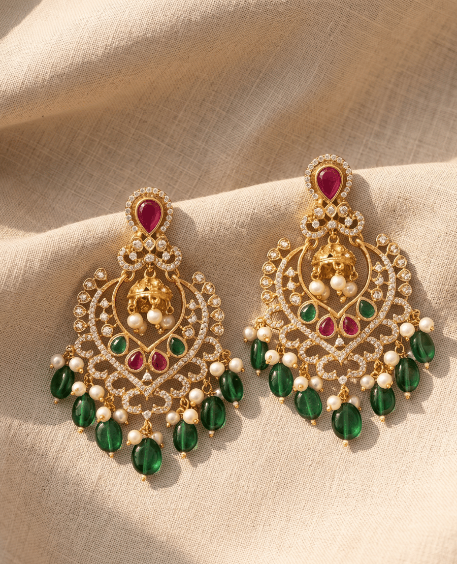 heavy-statement-chandelier-earrings-in-gold-by-landmark-jewels-featuring-intricate-crystal-work-red-and-green-stone-accents-and-a-lush-fringe-of-smooth-emerald-green-elongated-beads-and-pearls