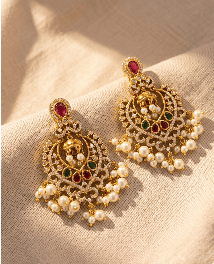 grand-gold-plated-crescent-chandbali-earrings-featuring-brilliant-cubic-zirconia-red-and-green-accent-stones-and-heavy-pearl-cluster-dangles