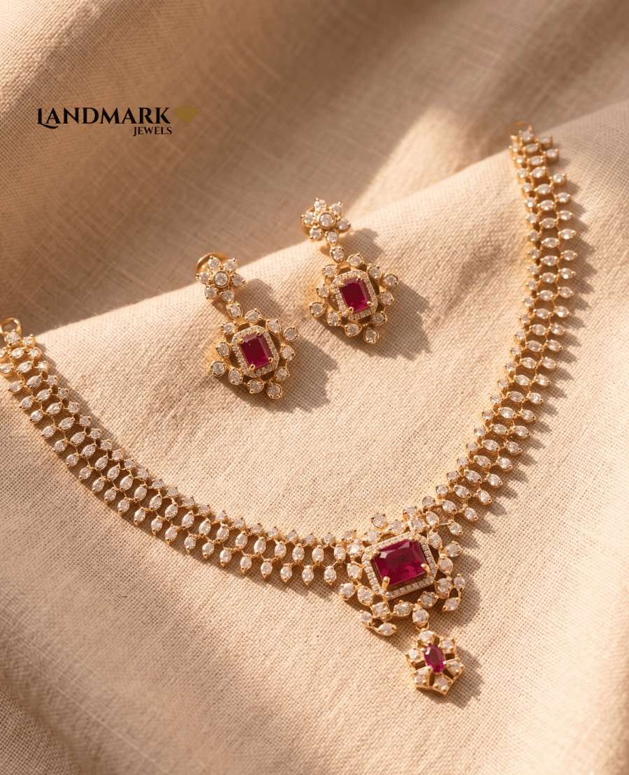 landmark-jewels-ruby-red-and-american-diamond-studded-imitation-necklace-with-matching-drop-earrings-on-a-beige-fabric-background